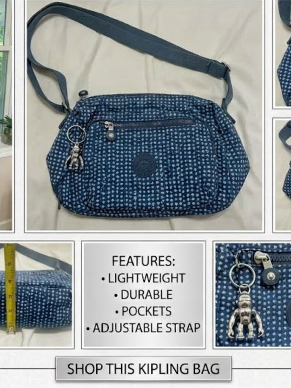 Kipling Blue Patterned Nylon Crossbody Bag - EUC